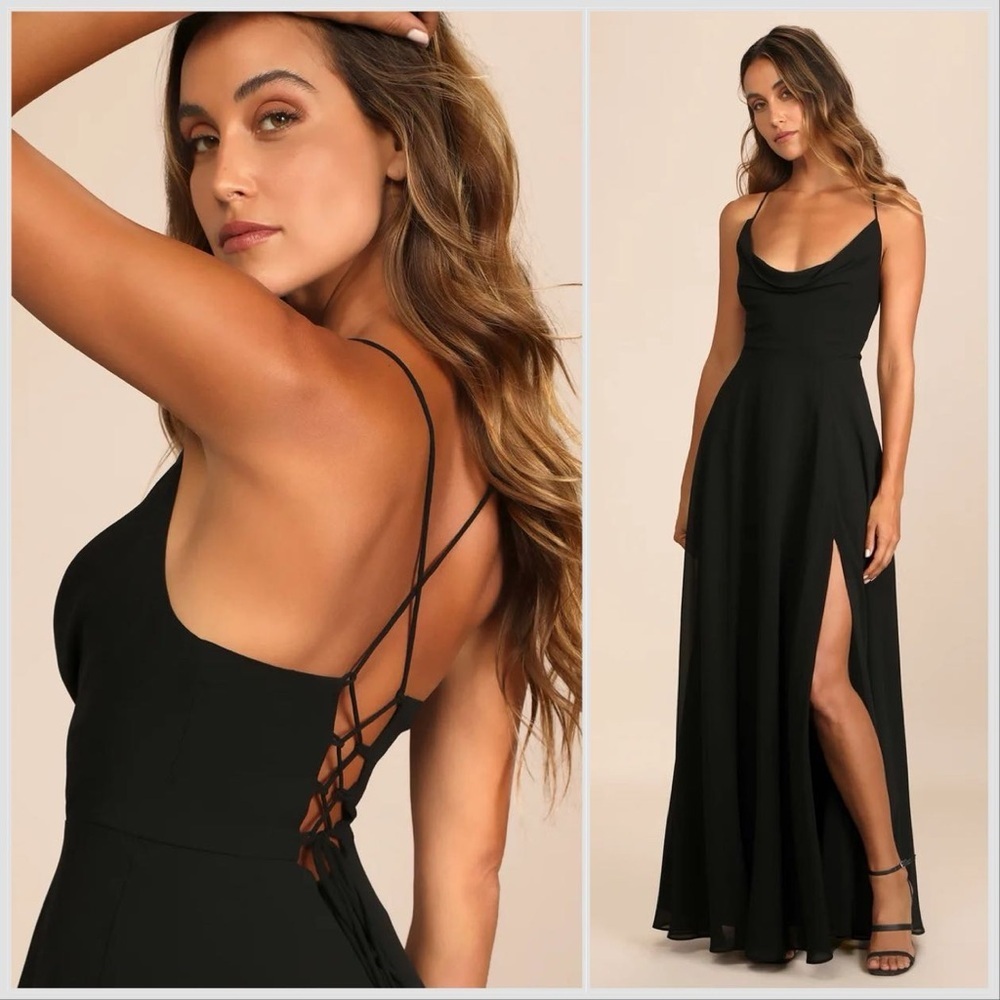 Lulus Romantically Speaking Black Cowl Lace-Up Maxi Dress Women’s Medium